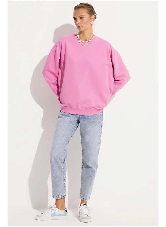 JUNE June Women Cotton Blend Oversize/Wide Fit Crew Neck Basic Knitted Sweatshirt Pink