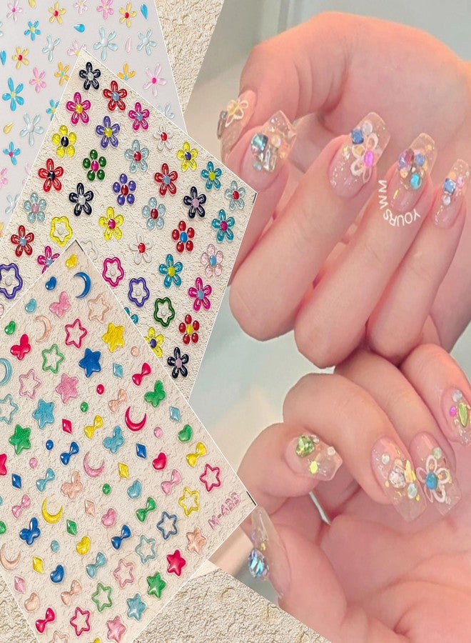 Dedyel 5D Flower Embossed Nail Art Stickers Cute Jelly Flower Daisy Sticker Colored Star Peach Heart Bow Jelly Nail Stickers for Women Girls Manicure Decoration - Image 1