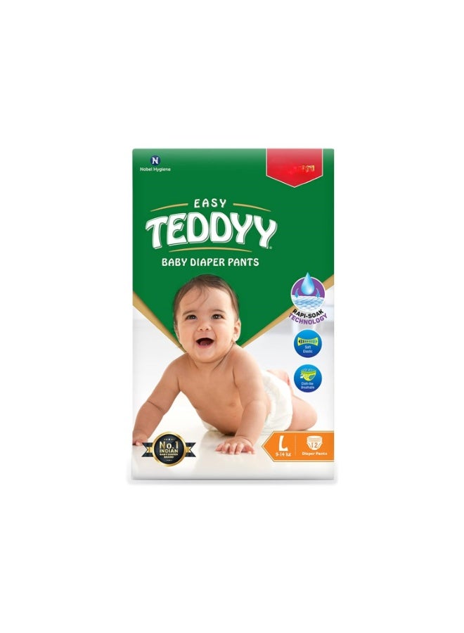 TEDDYY Easy Baby L Size Diaper Pant Style | 12 Count (Large) | 9–14 kg (Pack of 1) | Long Protection Hours| Anti-Bacterial | Airy Breathable Fit | Rapid Soaker Channels with Wetness Indicator