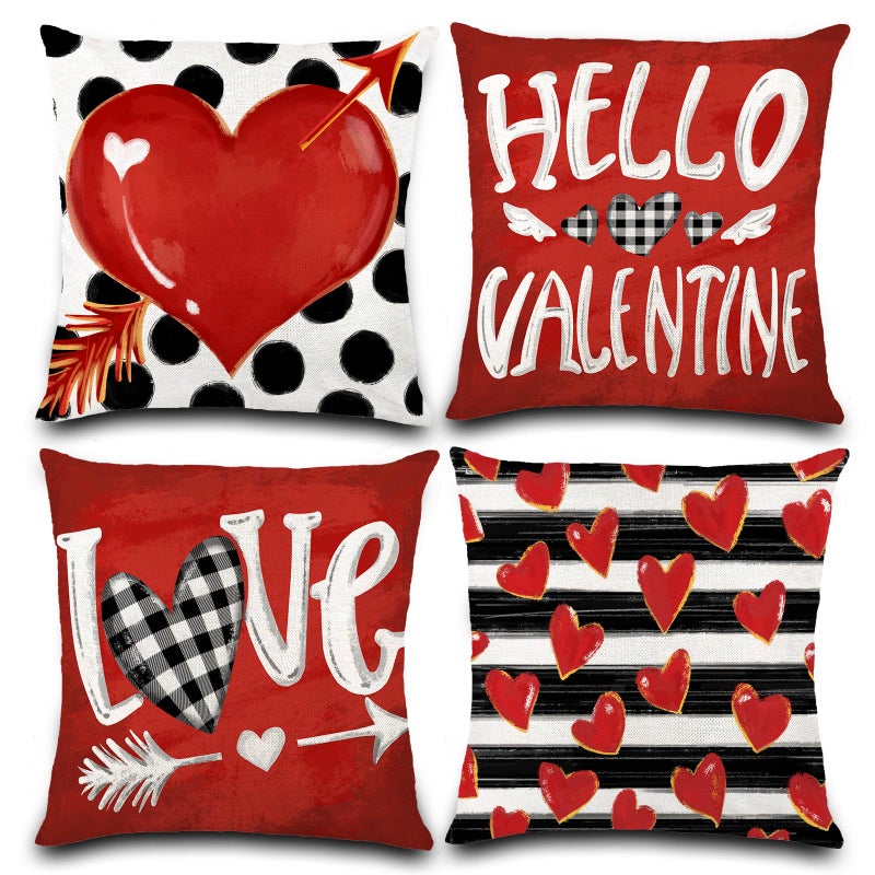 Vellibring Valentine Pillow Covers  18x18 Polka Dot Stripes Love Heart Buffalo Plaid Pillows Decorative Throw Pillows for Sofa Couch Home Decor