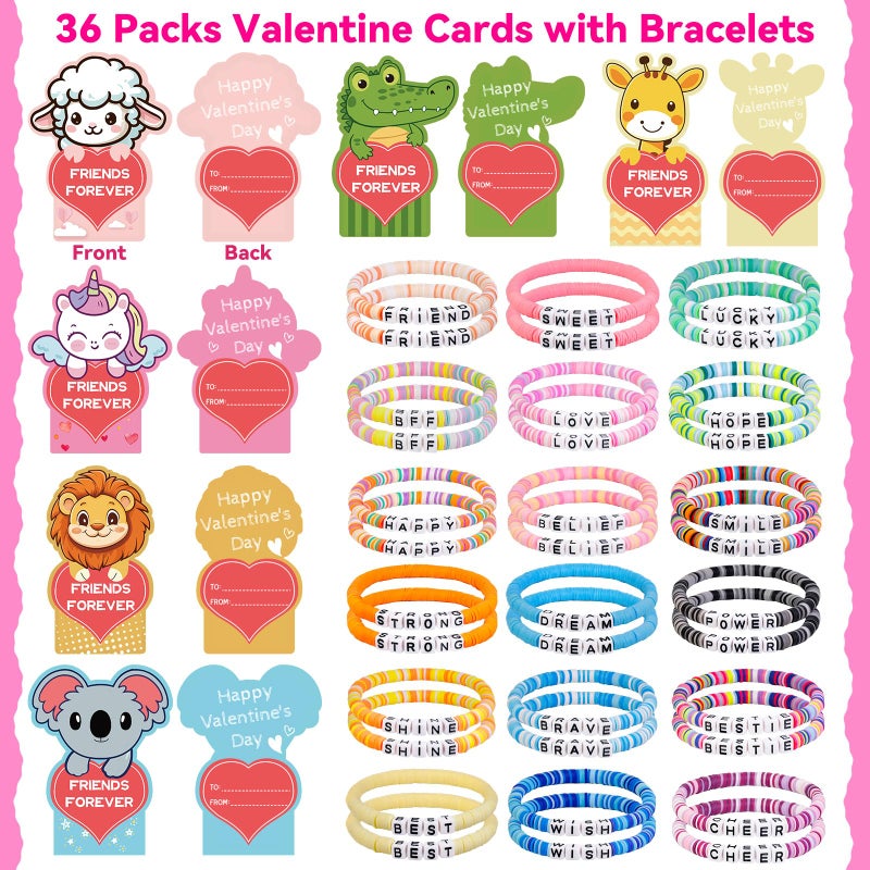 LUYI 36 Pack Valentine's Day Bracelet Set, Valentines Day Cards for School 18 Styles Friendship Bead Bracelets with Class Valentines Day Gifts Animal Design Valentines Cards for Women Party Favor - Image 2