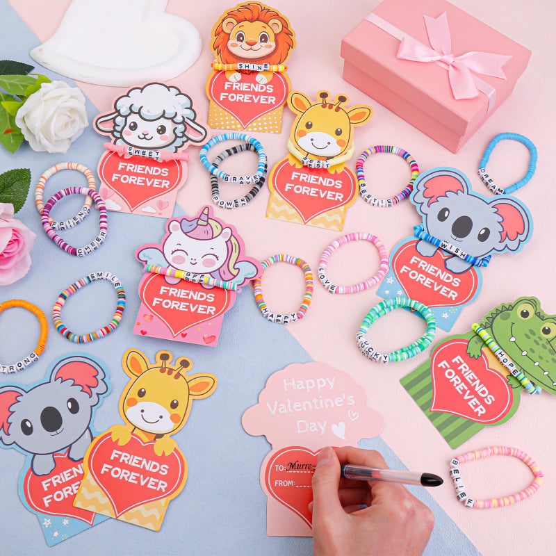 LUYI 36 Pack Valentine's Day Bracelet Set, Valentines Day Cards for School 18 Styles Friendship Bead Bracelets with Class Valentines Day Gifts Animal Design Valentines Cards for Women Party Favor - Image 4