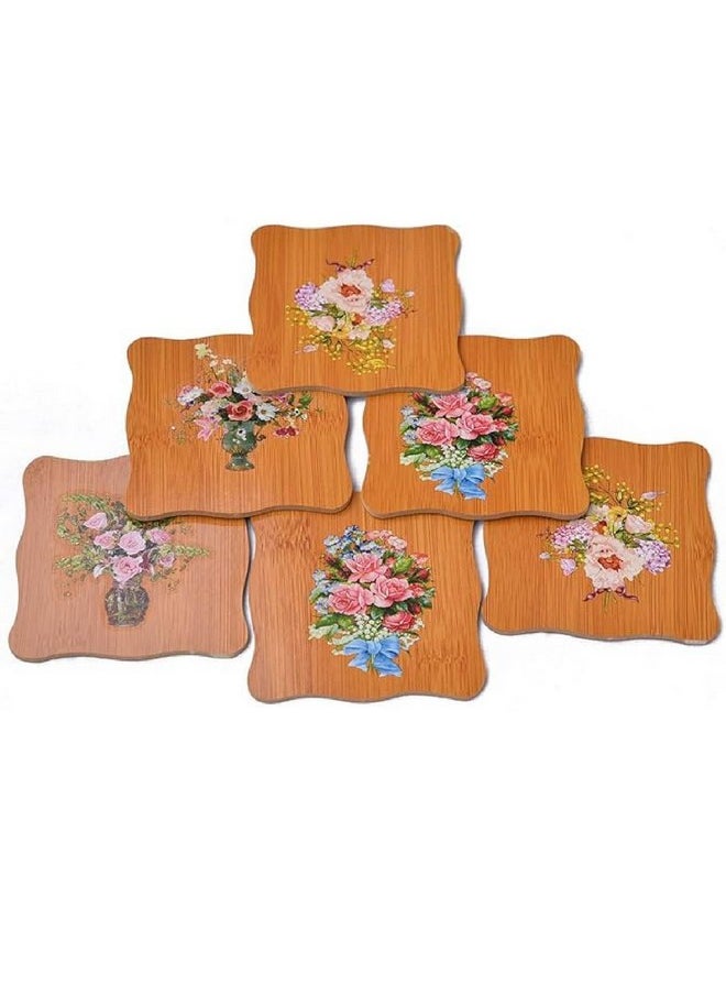 Prostuff.in Prostuff.in® Heating Insulation Resistant Flower Design Wooden Coasters with Stand for Home Pan Pot Holder for Dining Table Heat Pad for Kitchen Natural Bamboo Heat Pad Multicolor 6 Pcs  - Image 2