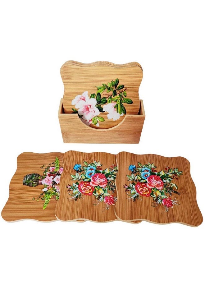 Prostuff.in Prostuff.in® Heating Insulation Resistant Flower Design Wooden Coasters with Stand for Home Pan Pot Holder for Dining Table Heat Pad for Kitchen Natural Bamboo Heat Pad Multicolor 6 Pcs  - Image 5