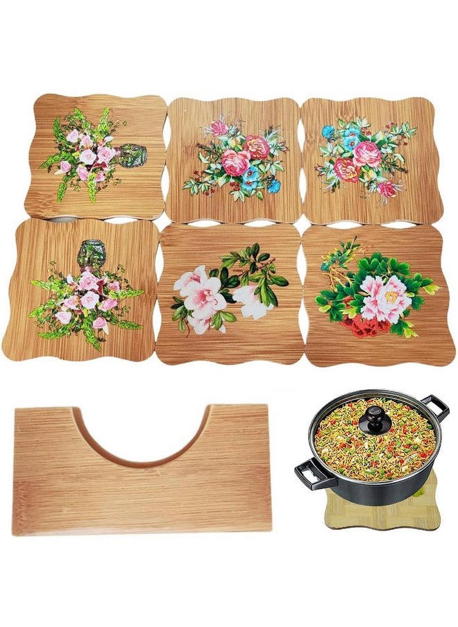 Prostuff.in Prostuff.in® Heating Insulation Resistant Flower Design Wooden Coasters with Stand for Home Pan Pot Holder for Dining Table Heat Pad for Kitchen Natural Bamboo Heat Pad Multicolor 6 Pcs  - Image 1