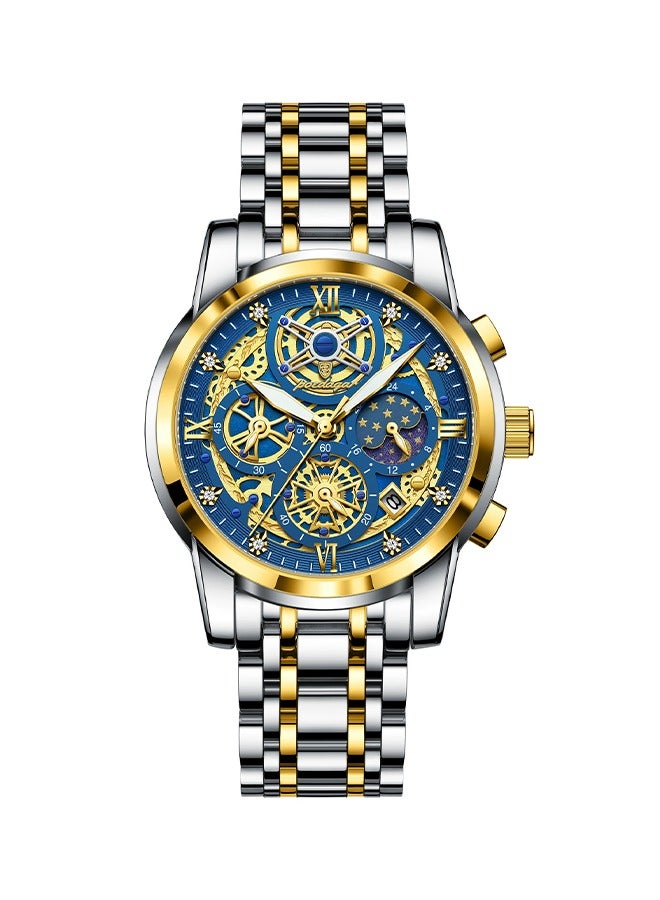 POEDAGAR ​​POEDAGAR Men's Blue Skeleton Dial Quartz Watch - Openwork Design with Metal Bracelet, Business Casual Style for Daily Wear and Formal Occasions​​  - Image 1