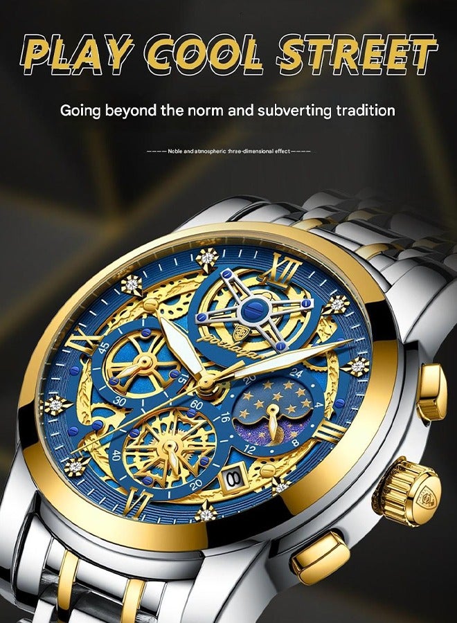 POEDAGAR ​​POEDAGAR Men's Blue Skeleton Dial Quartz Watch - Openwork Design with Metal Bracelet, Business Casual Style for Daily Wear and Formal Occasions​​  - Image 2