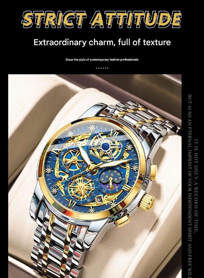 POEDAGAR ​​POEDAGAR Men's Blue Skeleton Dial Quartz Watch - Openwork Design with Metal Bracelet, Business Casual Style for Daily Wear and Formal Occasions​​  - Image 5