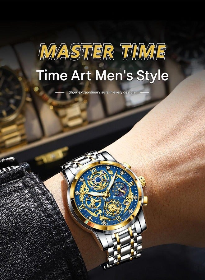 POEDAGAR ​​POEDAGAR Men's Blue Skeleton Dial Quartz Watch - Openwork Design with Metal Bracelet, Business Casual Style for Daily Wear and Formal Occasions​​  - Image 4