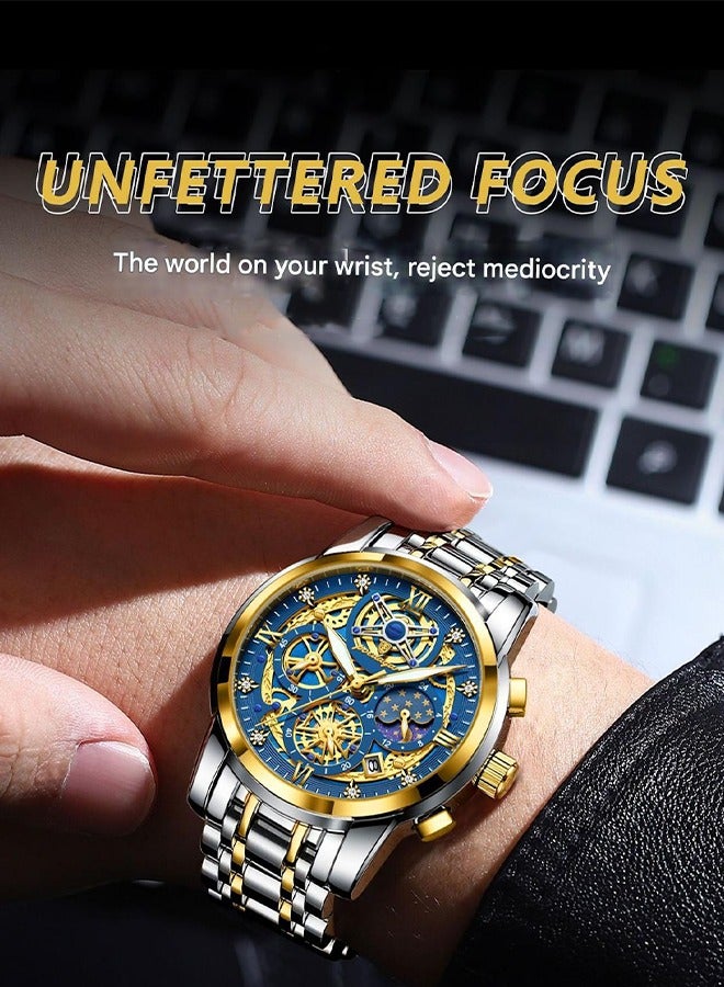 POEDAGAR ​​POEDAGAR Men's Blue Skeleton Dial Quartz Watch - Openwork Design with Metal Bracelet, Business Casual Style for Daily Wear and Formal Occasions​​  - Image 3
