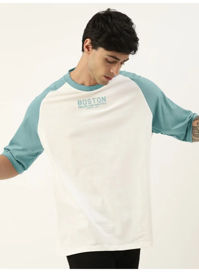 Maniac Maniac Mens Printed Round Neck raglan Half Sleeve White and Turkey Blue Cotton Oversized Tshirt