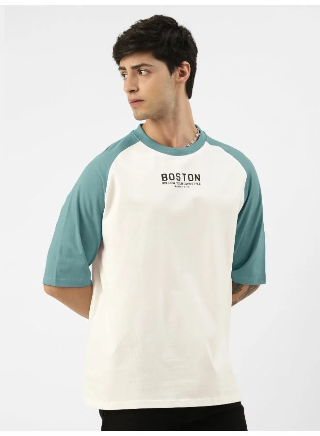 مانياك تيشيرت رجالي قطن أوفرديزد بطبعة، أبيض وأزرق تركي، بياقة دائرية وأكمام راجلان 3/4