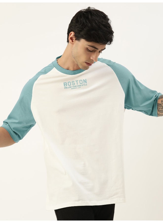 Maniac Mens Printed Round Neck raglan Half Sleeve White and Turkey Blue Cotton Oversized Tshirt - Image 3