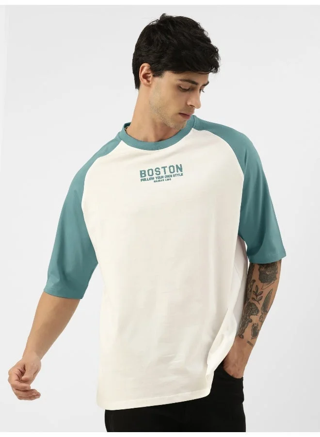 Maniac  Maniac Mens Printed Round Neck raglan Half Sleeve White and Turkey Blue Cotton Oversized Tshirt for Men | Best Price UAE