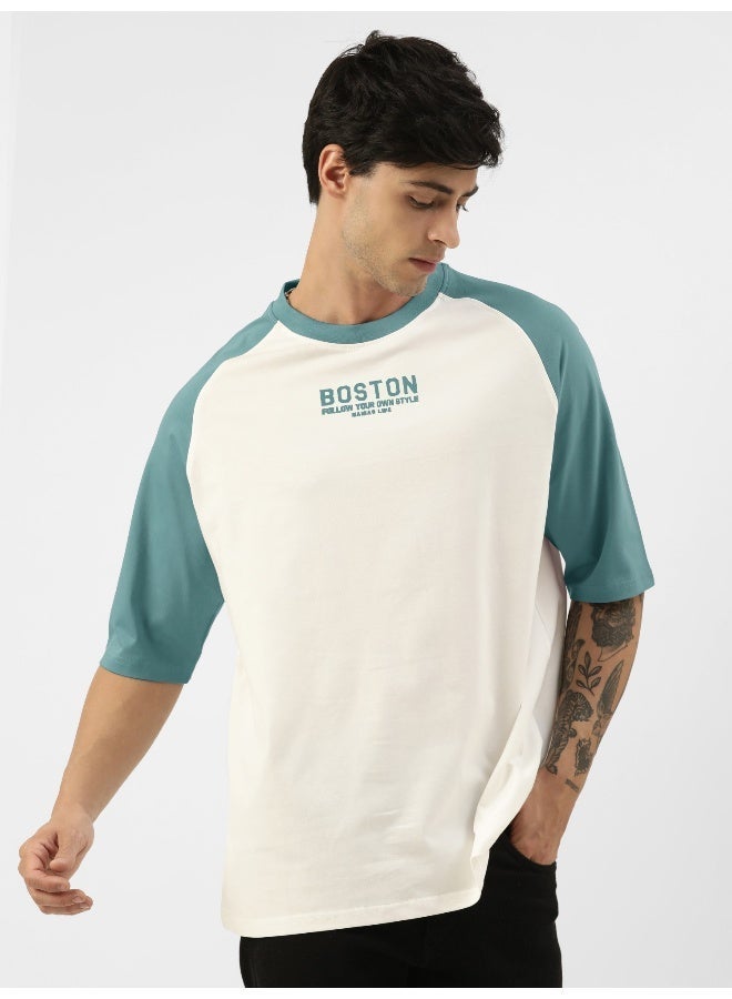 Maniac Mens Printed Round Neck raglan Half Sleeve White and Turkey Blue Cotton Oversized Tshirt - Image 5