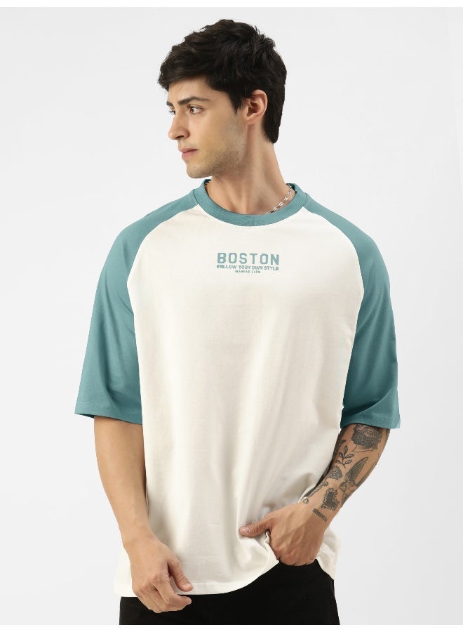 Maniac Mens Printed Round Neck raglan Half Sleeve White and Turkey Blue Cotton Oversized Tshirt - Image 2