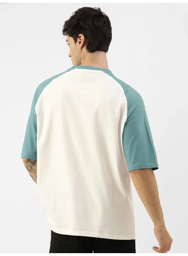 Maniac  Maniac Mens Printed Round Neck raglan Half Sleeve White and Turkey Blue Cotton Oversized Tshirt for Men | Best Price UAE