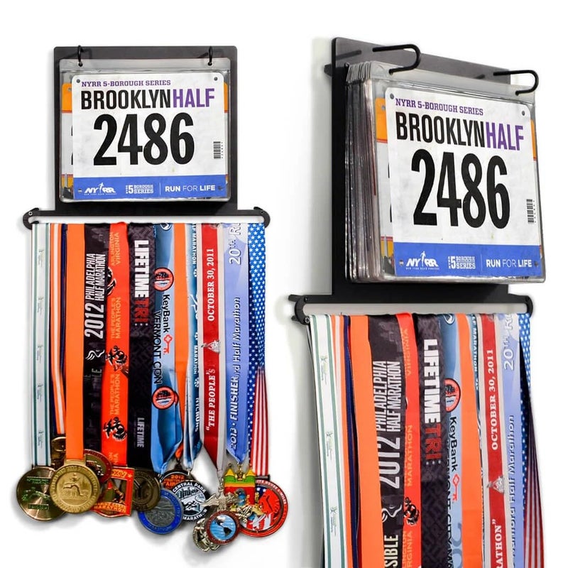 Gone For a Run BibFOLIO Plus Race Bib and Medal Display - Wall-Mounted Race Bib Hanger & Marathon Medal Holder for Runners with Protective Sleeves - Plus (Holds 24 Medals & 100 Bibs) - Image 1