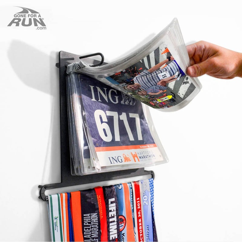 Gone For a Run BibFOLIO Plus Race Bib and Medal Display - Wall-Mounted Race Bib Hanger & Marathon Medal Holder for Runners with Protective Sleeves - Plus (Holds 24 Medals & 100 Bibs) - Image 3