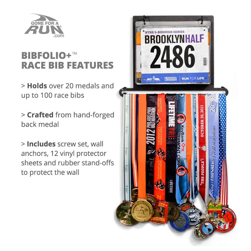 Gone For a Run BibFOLIO Plus Race Bib and Medal Display - Wall-Mounted Race Bib Hanger & Marathon Medal Holder for Runners with Protective Sleeves - Plus (Holds 24 Medals & 100 Bibs) - Image 2