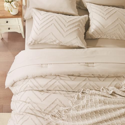 Anluoer Queen Comforter Set, Beige Tufted Bed in a Bag 7 Pieces with comforters and Sheets, All Season Bedding Sets with 1 Comforter, 2 PillowShams, 2 Pillowcases, 1 Flat Sheet, 1 Fitted Sheet - Image 3