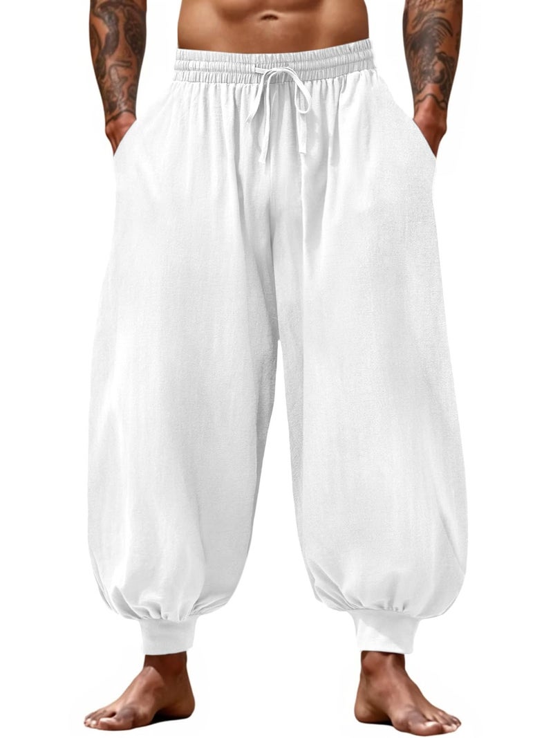 Runcati Mens Harem Pants Casual Elastic Waist Drawstring Baggy Hippie Trousers Cotton Linen Boho Yoga Beach Pants White - Image 1