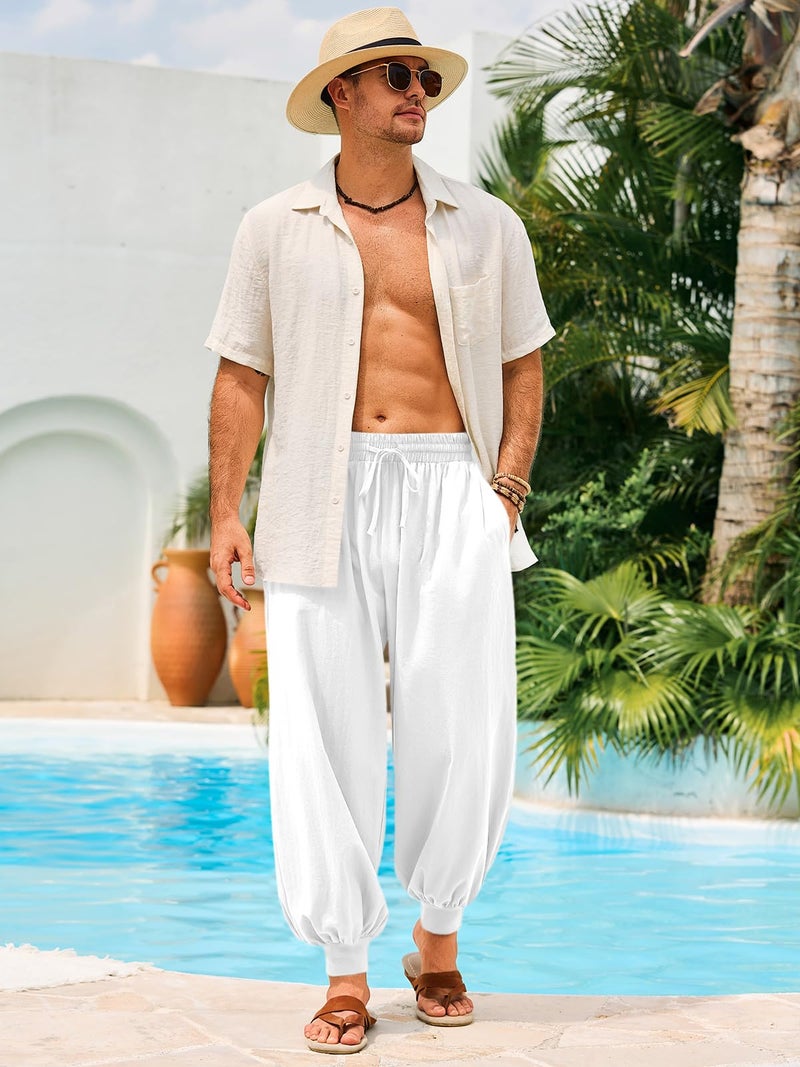 Runcati Mens Harem Pants Casual Elastic Waist Drawstring Baggy Hippie Trousers Cotton Linen Boho Yoga Beach Pants White - Image 5