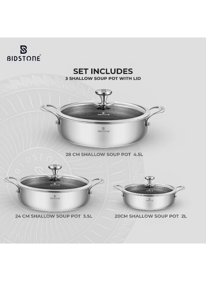 BIDSTONE 6-Piece Premium Honeycomb Coated Shallow Pot Set Sizes 20 cm + 24 cm + 28 cm – 18/10 Stainless Steel, 3 Shallow Pots with Tempered Glass Lids, Induction & Oven Safe, PTFE/PFOA-Free, Dishwasher Safe, Heat-Resistant Handles - Image 2