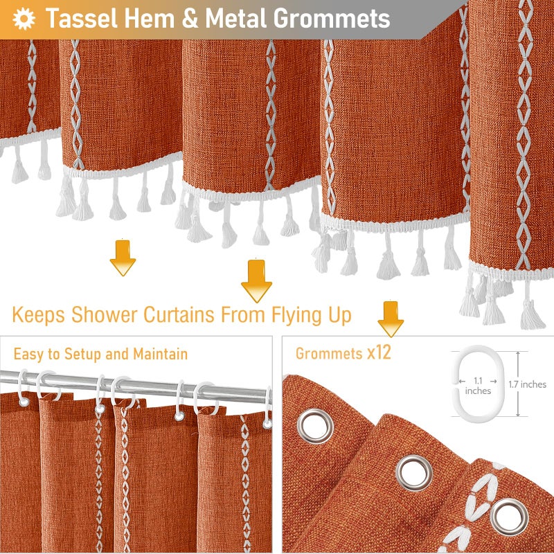 BTTN 78 Inch Long Shower Curtain - Boho Farmhouse Striped Linen Fabric Shower Curtain Set with Tassel  Water Repellent  Tall Country Shower Curtain for Bathroom with Hooks  72""x78""  Burnt Orange - Image 5