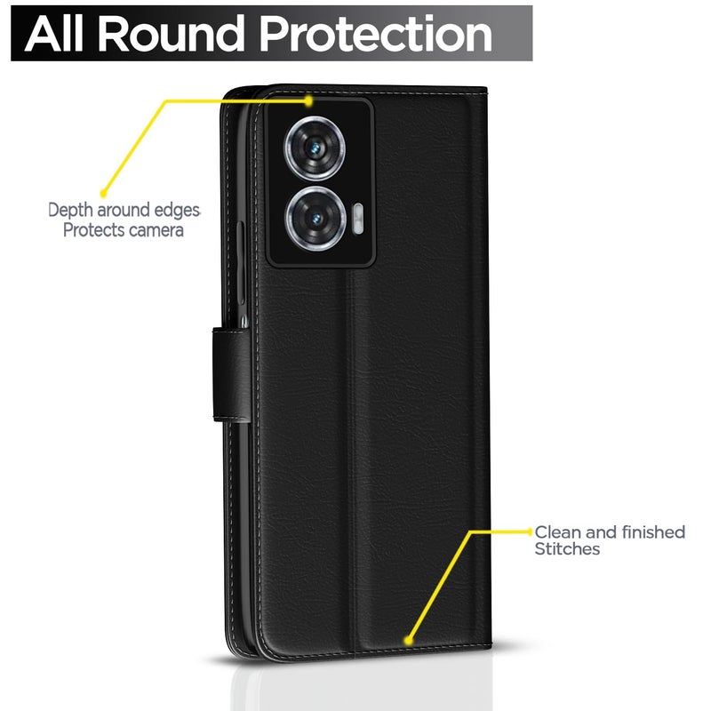 Pikkme Motorola Motorola Moto Edge 50 Fusion 5G / Motorola Moto G96 5G Flip Cover Leather Finish | Inside TPU with Card Pockets | Wallet Stand and Shock Proof | Complete Protection Flip Case (Black) - Image 4