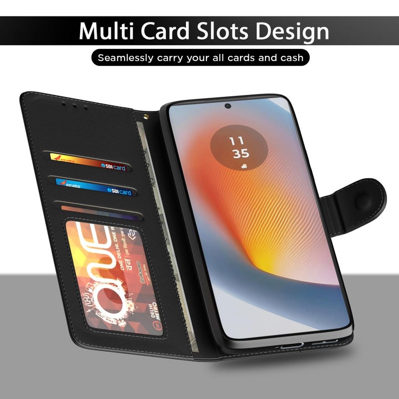 Pikkme Motorola Motorola Moto Edge 50 Fusion 5G / Motorola Moto G96 5G Flip Cover Leather Finish | Inside TPU with Card Pockets | Wallet Stand and Shock Proof | Complete Protection Flip Case (Black) - Image 5