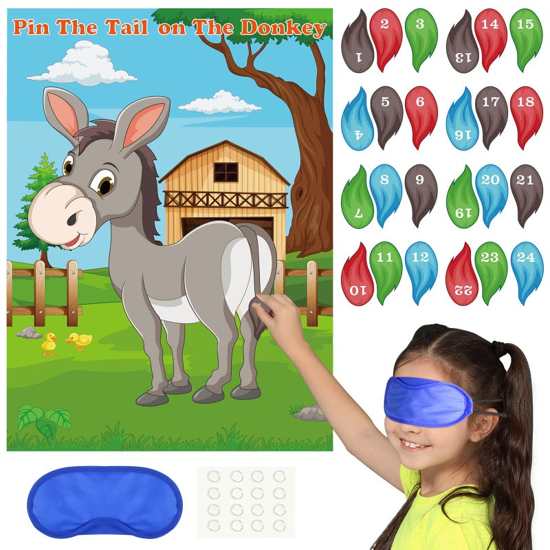 PLULON Pin The Tail on The Donkey Party Game for Kids Donkey Themed Animal Birthday Party Games Donkey Poster with Tail Stickers for Kids Farm Animal Donkey Party Favors Home Wall Decorations - Image 3