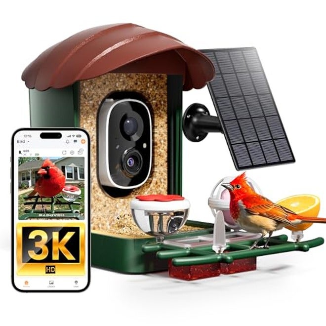 HEAPETS Smart Bird Feeder with Camera Solar Powered, 2K HD Video, AI Bird Species Identification, Instant Arrival Alerts, Weatherproof Design for Effortless Birdwatching, Best Gift for Bird Lovers, Red
