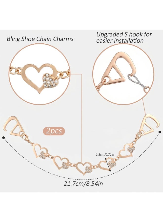 2PCS Gold Heart Rhinestone Shoe Chains Sparkling Bling Shoe Charms Cute DIY Shoe Decor Accessories for Clog Sandals Stylish Ornament Gift for Women Birthday Party Favors - Image 2