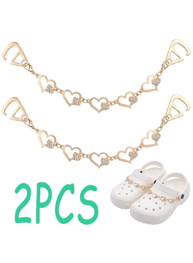 2PCS Gold Heart Rhinestone Shoe Chains Sparkling Bling Shoe Charms Cute DIY Shoe Decor Accessories for Clog Sandals Stylish Ornament Gift for Women Birthday Party Favors - Image 1