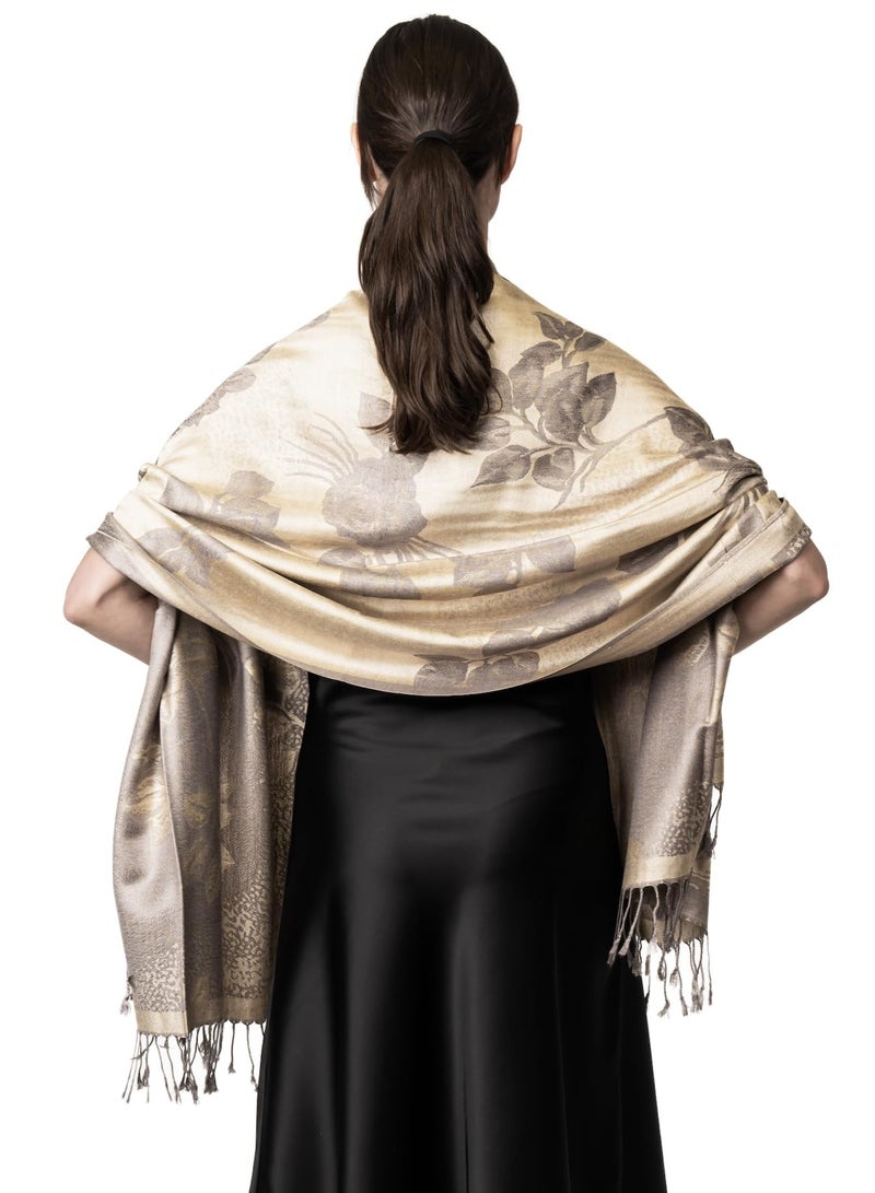 كوفوز شال المرأة، وشاح الحرير الكشمير، بونشوس الناعمة، لونين الزهور الورود المنعكس وشاح بشمينا شال لف الكرسة للنساء مع الهامش - Image 4