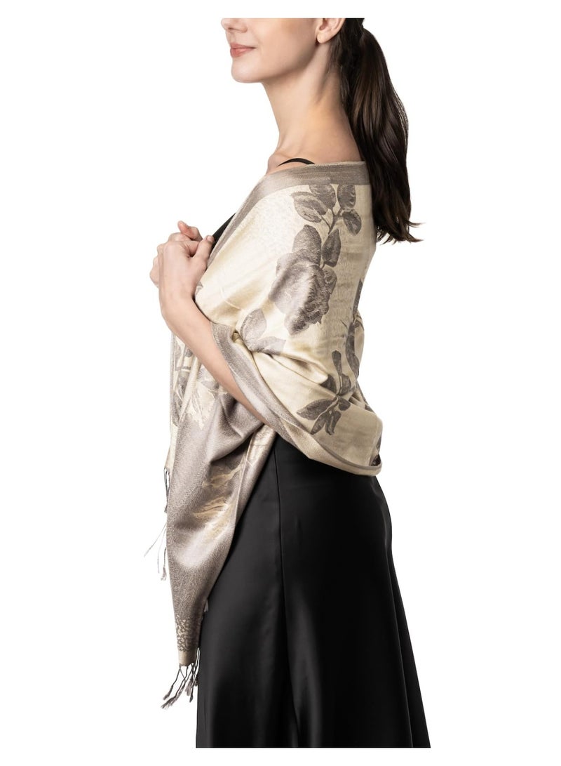 كوفوز شال المرأة، وشاح الحرير الكشمير، بونشوس الناعمة، لونين الزهور الورود المنعكس وشاح بشمينا شال لف الكرسة للنساء مع الهامش - Image 2