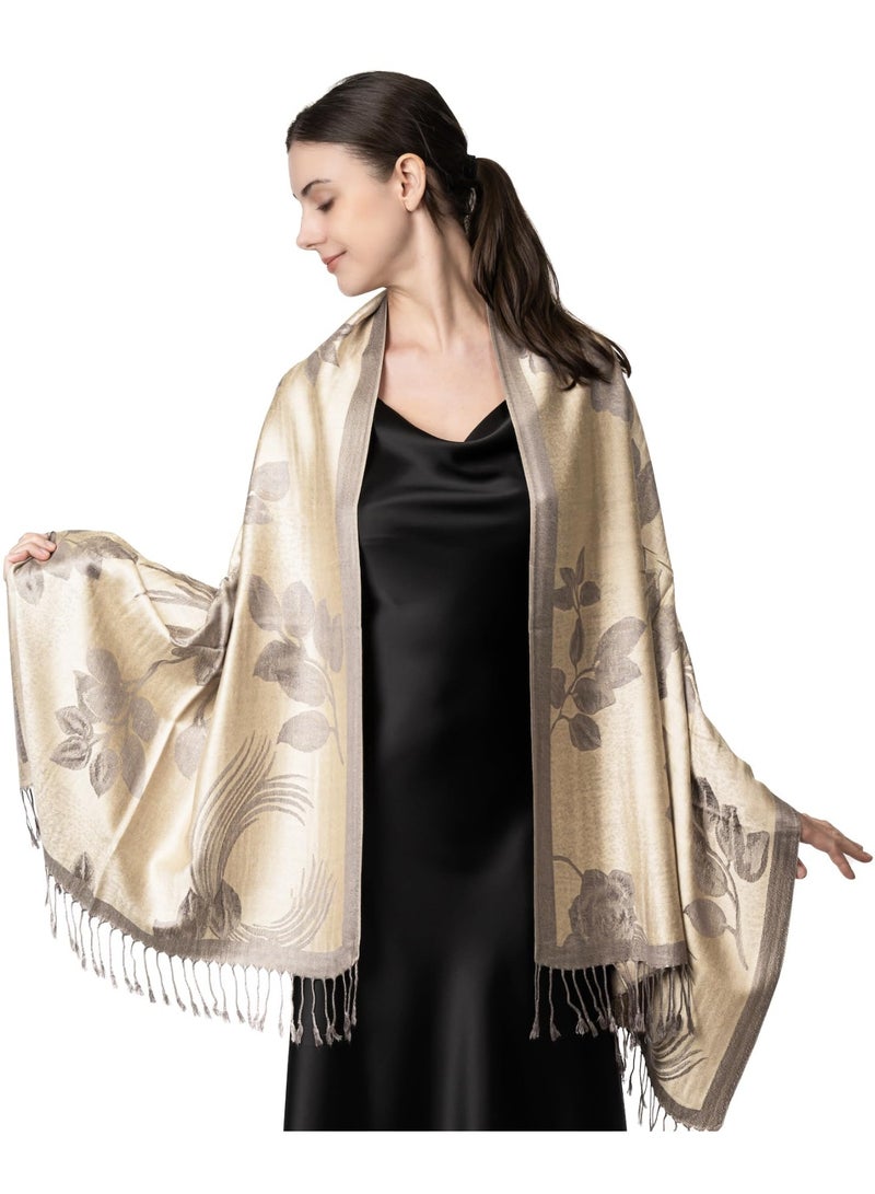 كوفوز شال المرأة، وشاح الحرير الكشمير، بونشوس الناعمة، لونين الزهور الورود المنعكس وشاح بشمينا شال لف الكرسة للنساء مع الهامش - Image 3