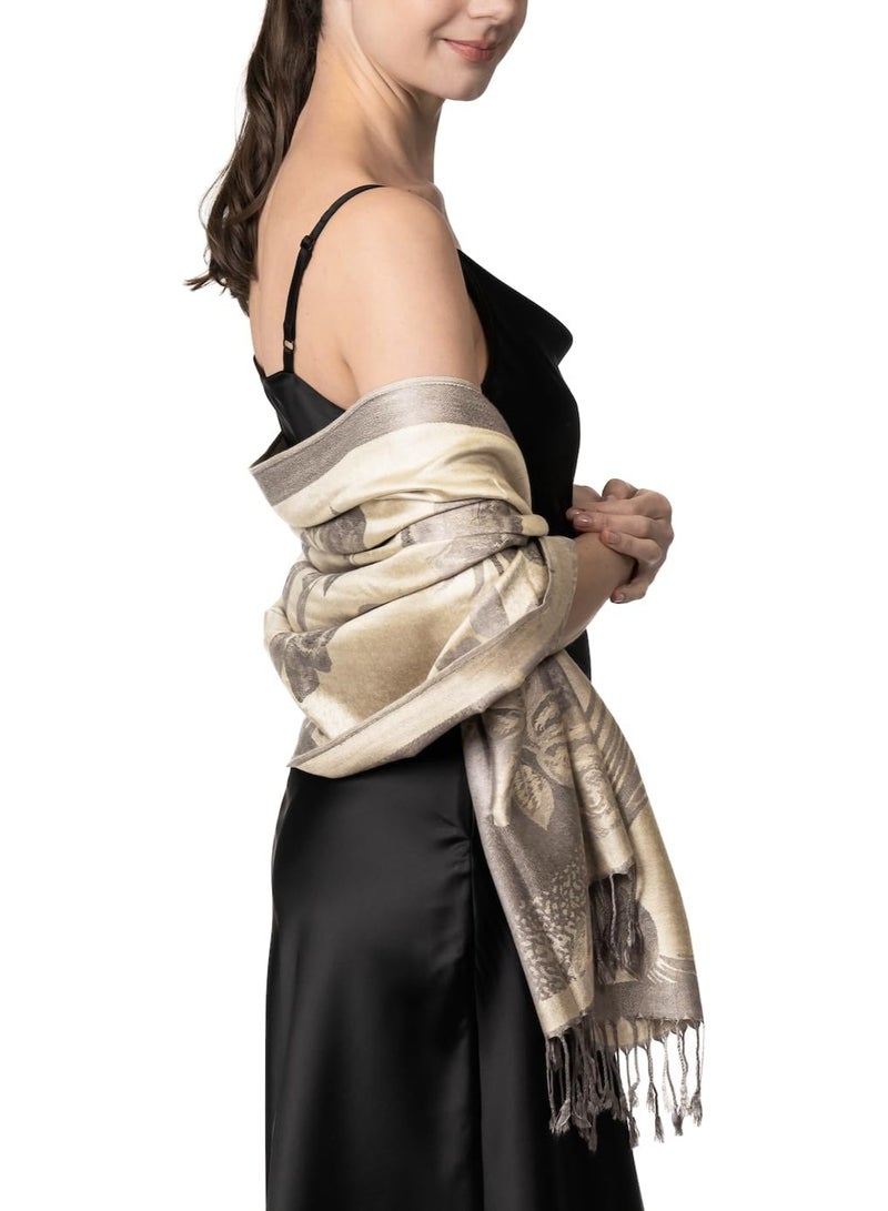 كوفوز شال المرأة، وشاح الحرير الكشمير، بونشوس الناعمة، لونين الزهور الورود المنعكس وشاح بشمينا شال لف الكرسة للنساء مع الهامش - Image 5