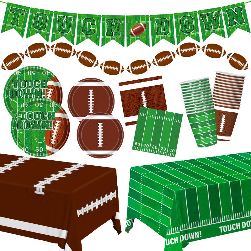 Labrostar Football Party Decorations Football Party Supplies Dinner Plates Napkins Cups Banner Touchdown Tablecloth for Football Birthday Game Day Tailgate Decorations Serve 24 - Image 1