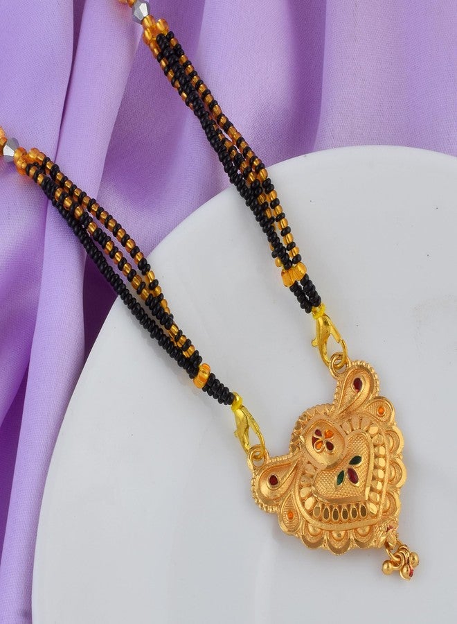 DULCI Traditional Brass Gold Plated Heart Meenakari Mangalsutra Necklace with Black Beads for Women - Image 4