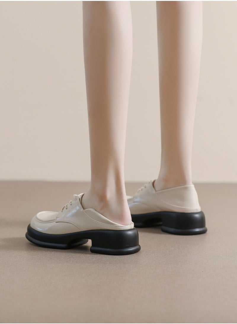 Loquat Round Toed English Style Leather Shoes Beige  - Image 3