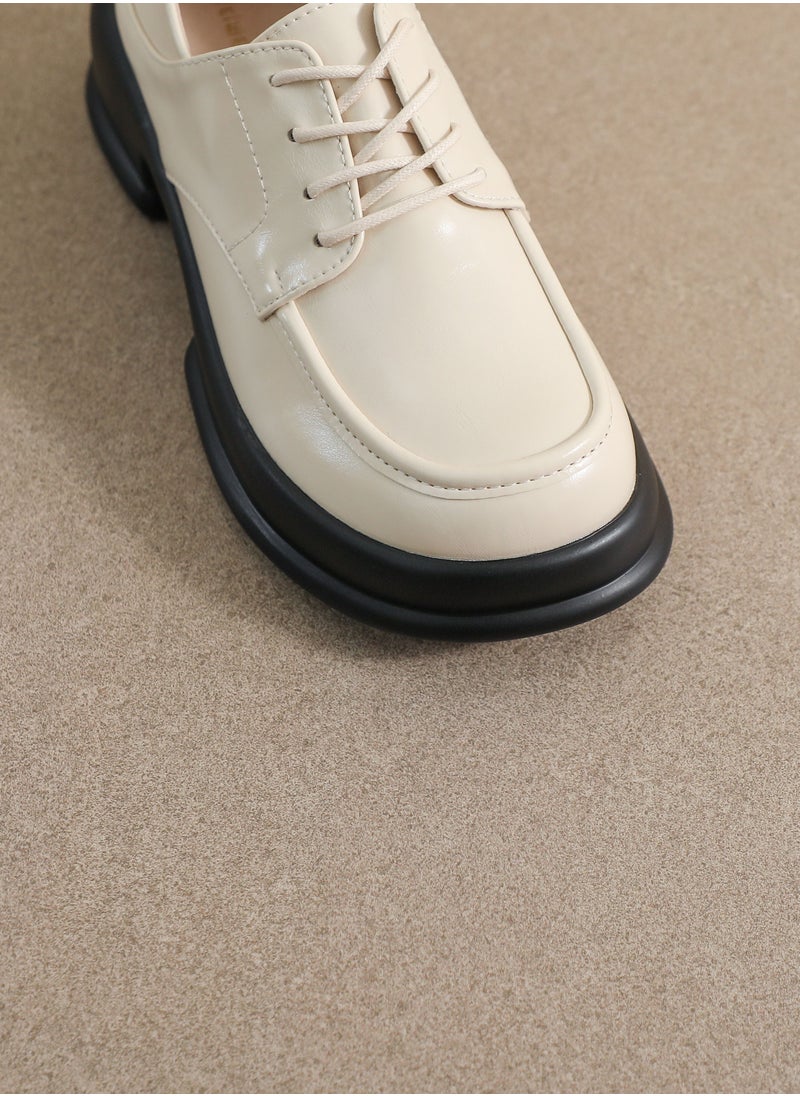 Loquat Round Toed English Style Leather Shoes Beige  - Image 2