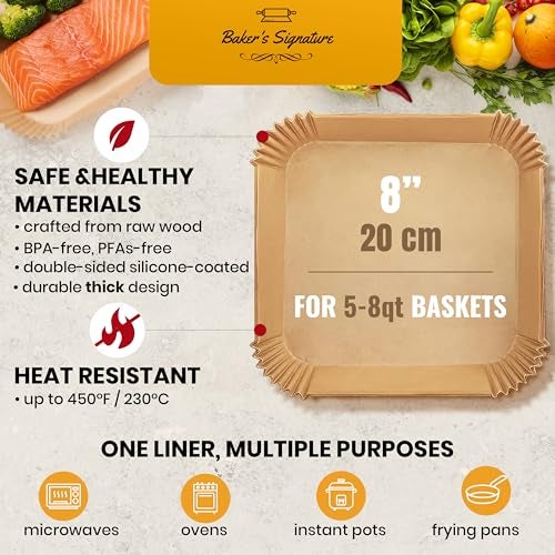 Baker's Signature Air Fryer Paper Liners, 125Pcs Air Fryer Disposable Liners, Non-Stick and Oil Proof for Easy Cleanup, 8” Square for 5-8 qt Basket by Baker's Signature - Image 3