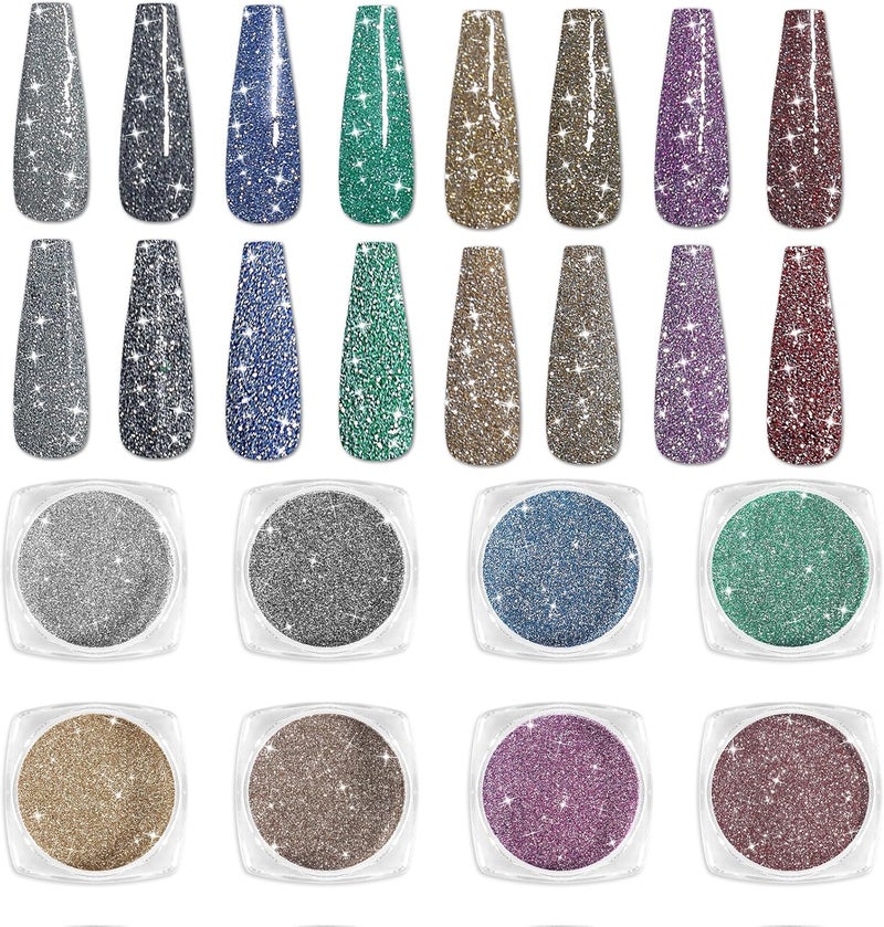 Laza 8 Colors Korea Diamond Nail Powder Sparkling Crystal Glitter Holographic Nail Glitter Dust Laser Silver Mirror Effect Bright Shining Flakes for Acrylic Nails Polish Nail Art DIY Decoration