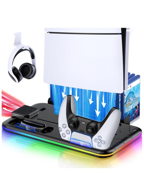 PS5/Slim/Pro Cooling Stand for PlayStation 5 Disc/Digital with RGB Light,Accessories Dual Controller Charger Station with 3 Levels Cooling Fan, Headset Holder,15 Game Slots