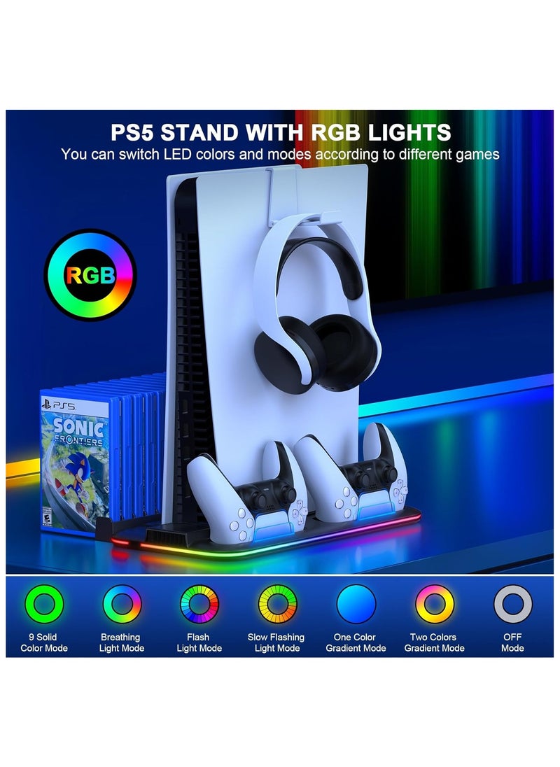 Generic PS5/Slim/Pro Cooling Stand for PlayStation 5 Disc/Digital with RGB Light,Accessories Dual Controller Charger Station with 3 Levels Cooling Fan, Headset Holder,15 Game Slots  - Image 3