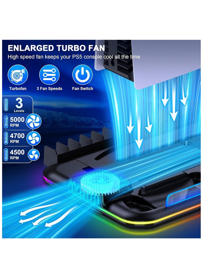 Generic PS5/Slim/Pro Cooling Stand for PlayStation 5 Disc/Digital with RGB Light,Accessories Dual Controller Charger Station with 3 Levels Cooling Fan, Headset Holder,15 Game Slots  - Image 2