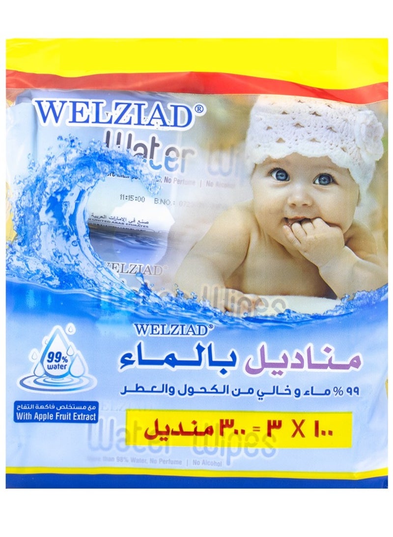WELZIAD Pack Of 3 Water Wipes With Apple Fruit Extract 3x100 Wipes 