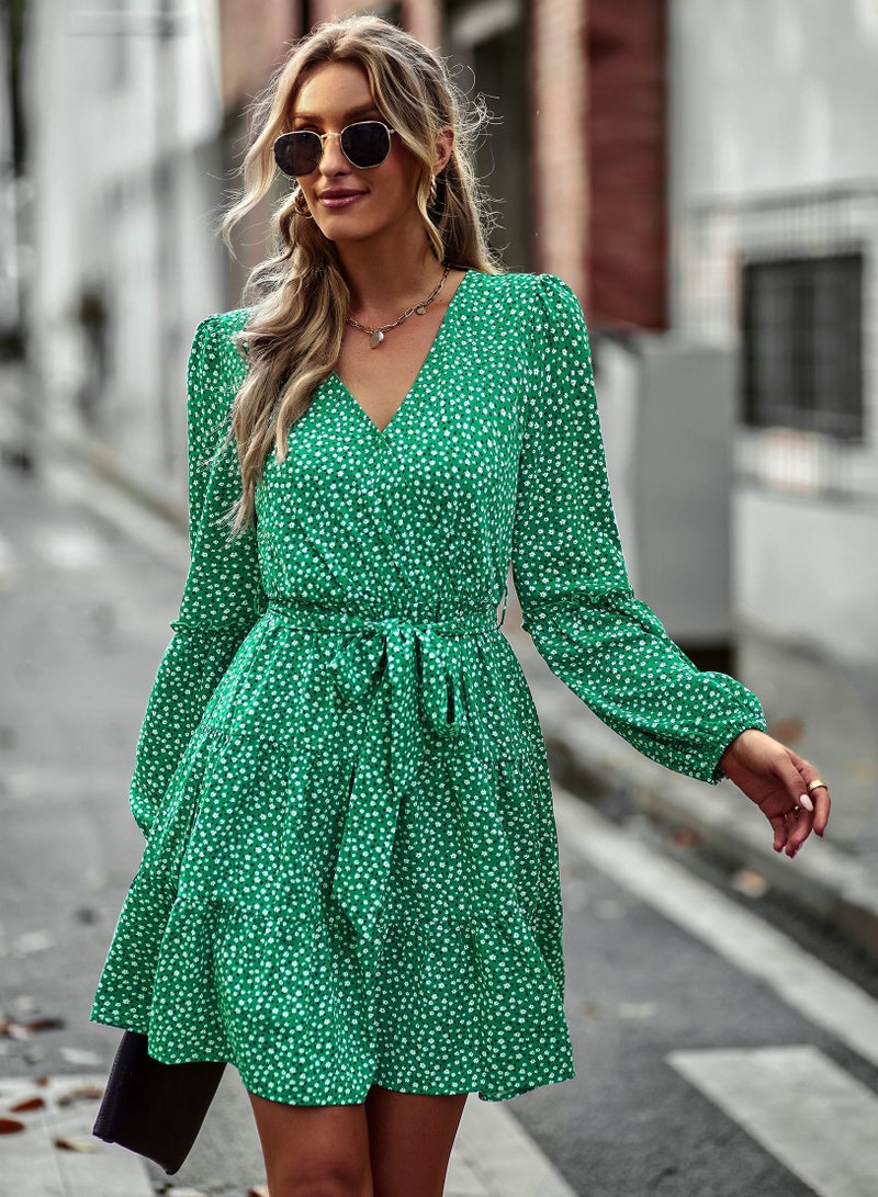 Loquat Waist Slim Temperament Dress New Print Green  - Image 1